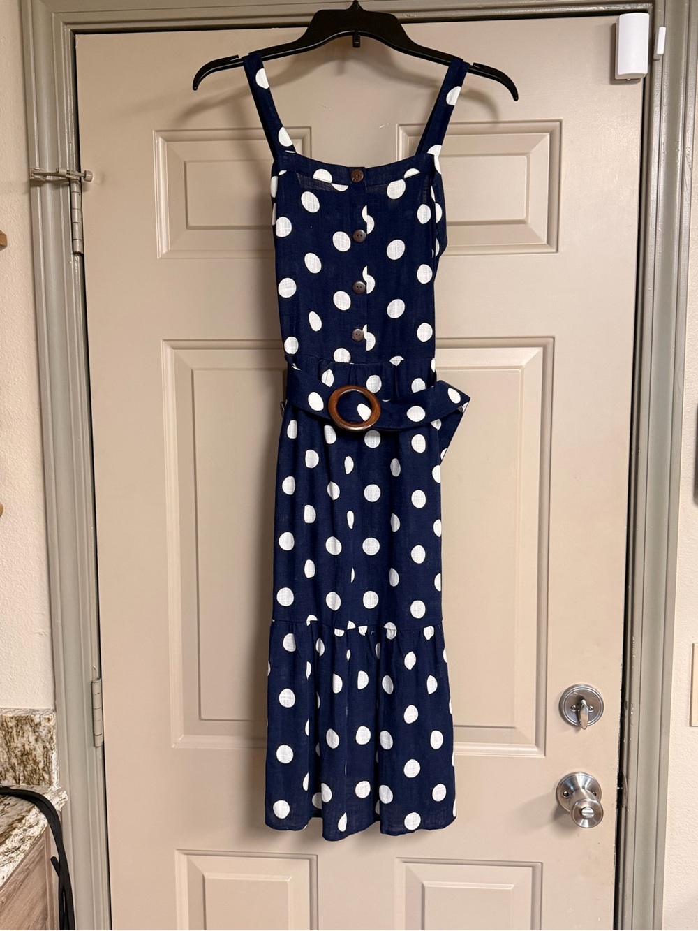 Monteau Women Size Medium Navy and White Polka Dot Midi Dress Belt & Buttons